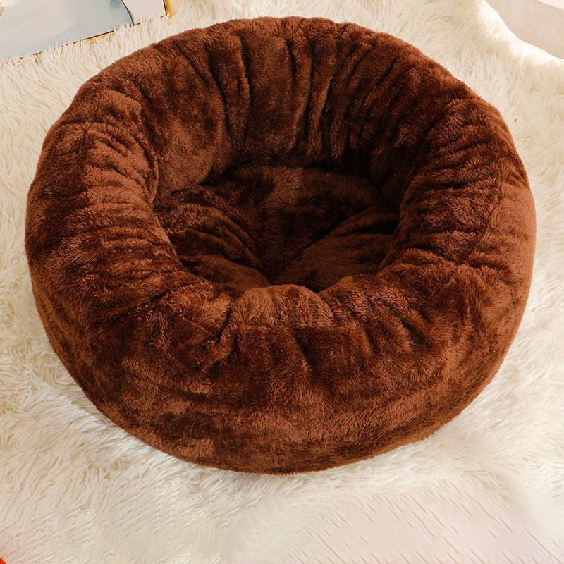 Long Plush Donut Round Pet Bed Warm Fluffy Cushion Mat