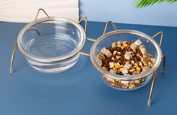 Pet Glass Feeding Bowl With Metal Stand Food Water Dish