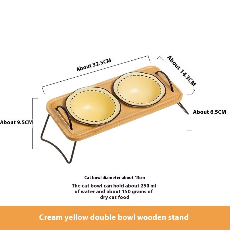 Pet Wooden Stand Ceramic Anti Tumble Feeding Bowl