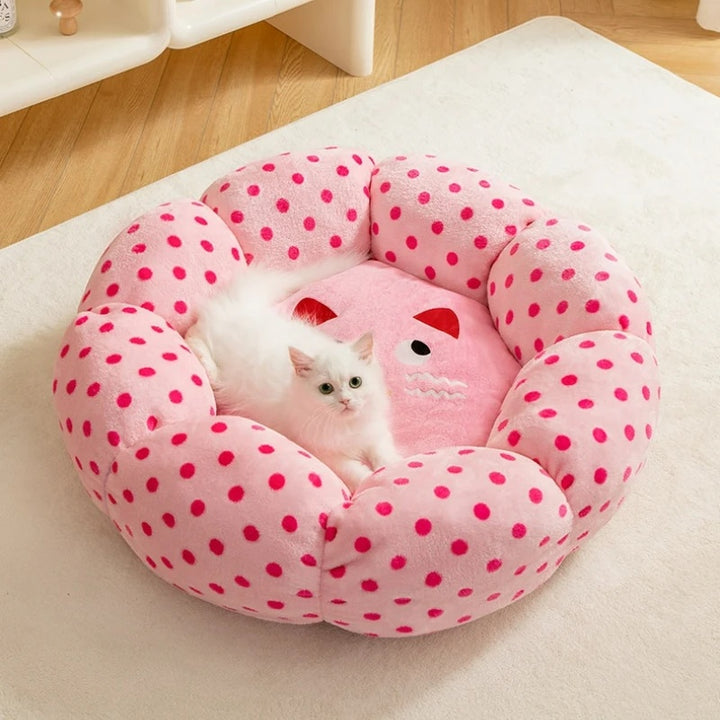 Round Polka Dot Pet Bed With Soft Cushion