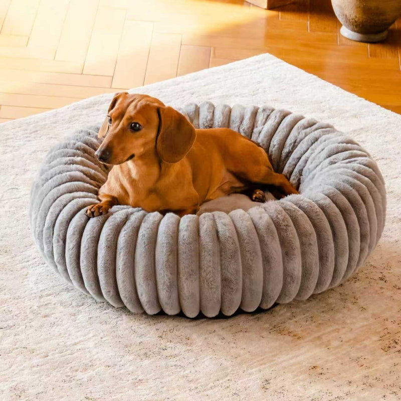 High Grammage Vertical Stripe Plush Pet Bed Winter Warm Round Mat