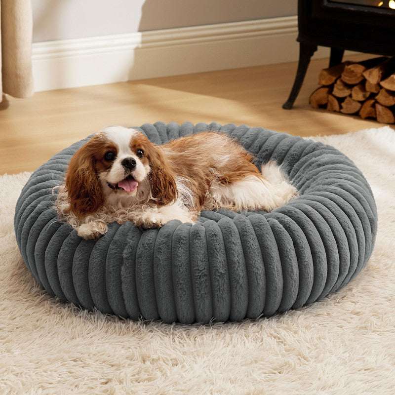 High Grammage Vertical Stripe Plush Pet Bed Winter Warm Round Mat