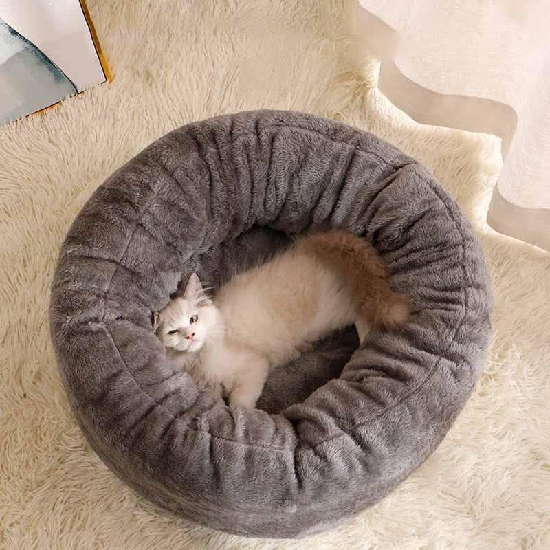 Long Plush Donut Round Pet Bed Warm Fluffy Cushion Mat