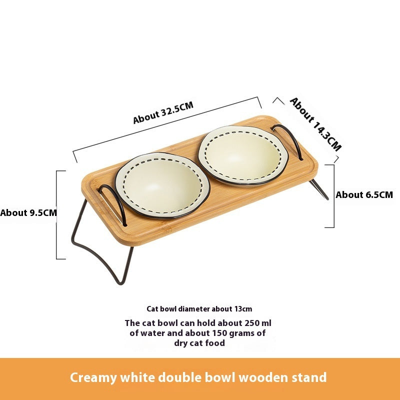 Pet Wooden Stand Ceramic Anti Tumble Feeding Bowl