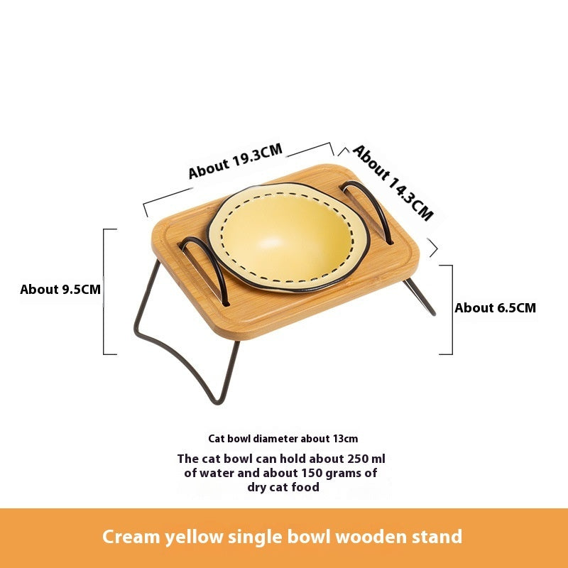 Pet Wooden Stand Ceramic Anti Tumble Feeding Bowl