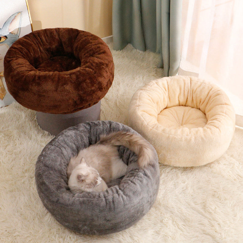 Long Plush Donut Round Pet Bed Warm Fluffy Cushion Mat