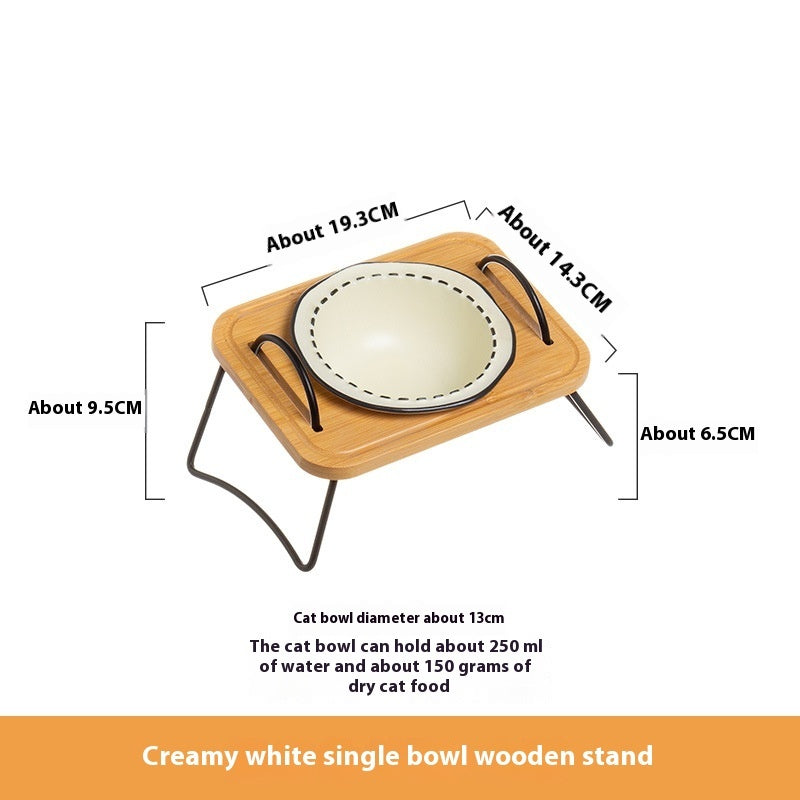 Pet Wooden Stand Ceramic Anti Tumble Feeding Bowl