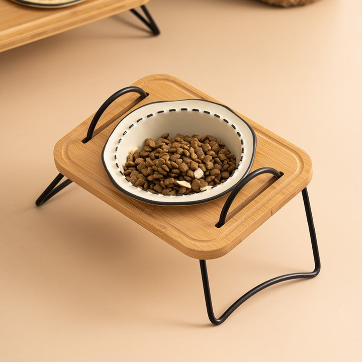 Pet Wooden Stand Ceramic Anti Tumble Feeding Bowl