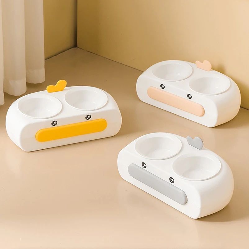 Pet Duck Design Double Bowl Feeding Tray Plastic Feeder