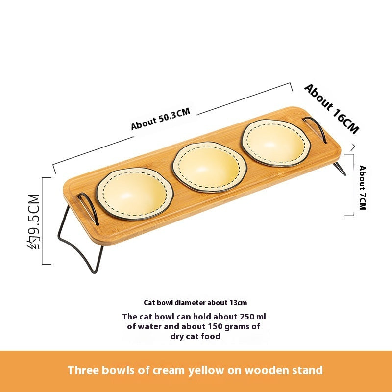 Pet Wooden Stand Ceramic Anti Tumble Feeding Bowl