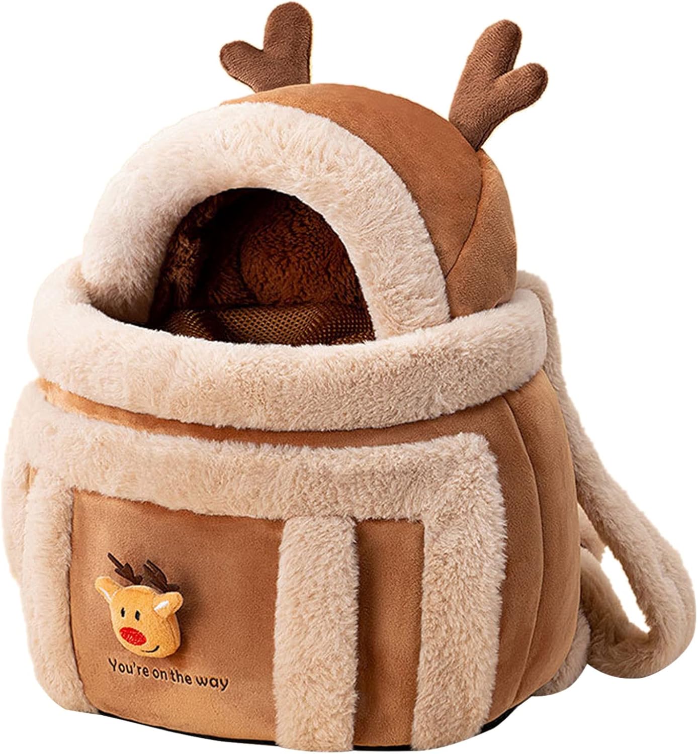 Pet Carrier Backpack Winter Travel Plush Reindeer Bag With Warmers