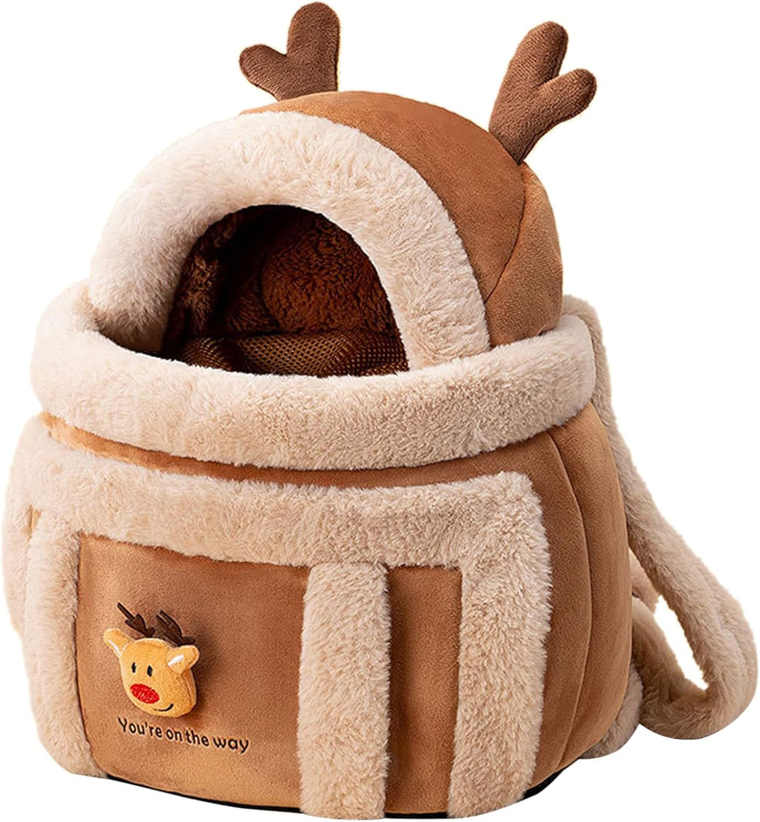 Pet Carrier Backpack Winter Travel Plush Reindeer Bag With Warmers