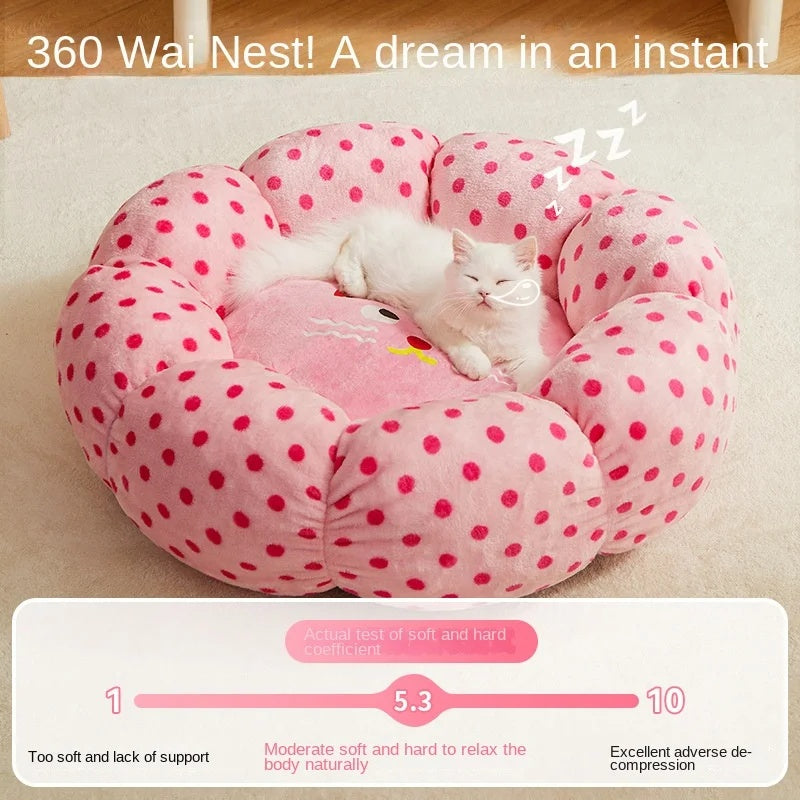 Round Polka Dot Pet Bed With Soft Cushion