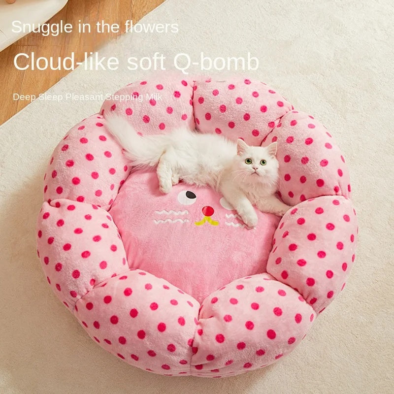 Round Polka Dot Pet Bed With Soft Cushion