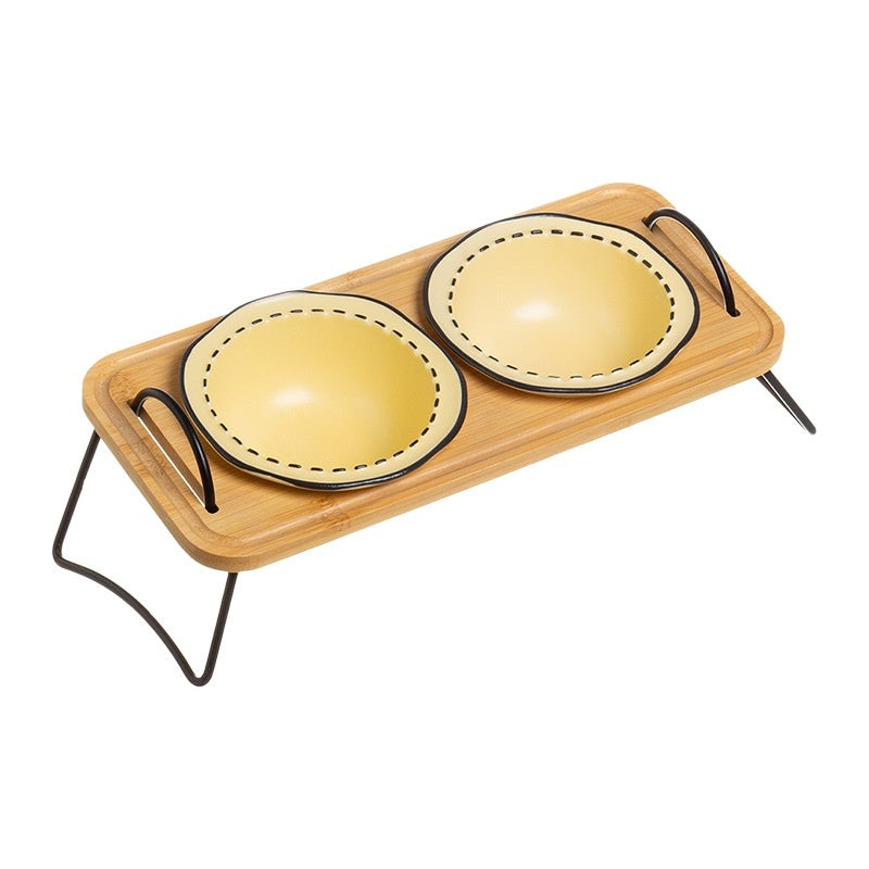 Pet Wooden Stand Ceramic Anti Tumble Feeding Bowl