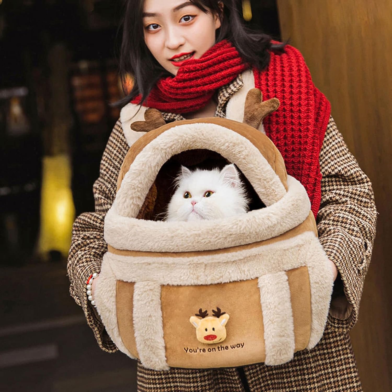 Pet Carrier Backpack Winter Travel Plush Reindeer Bag With Warmers