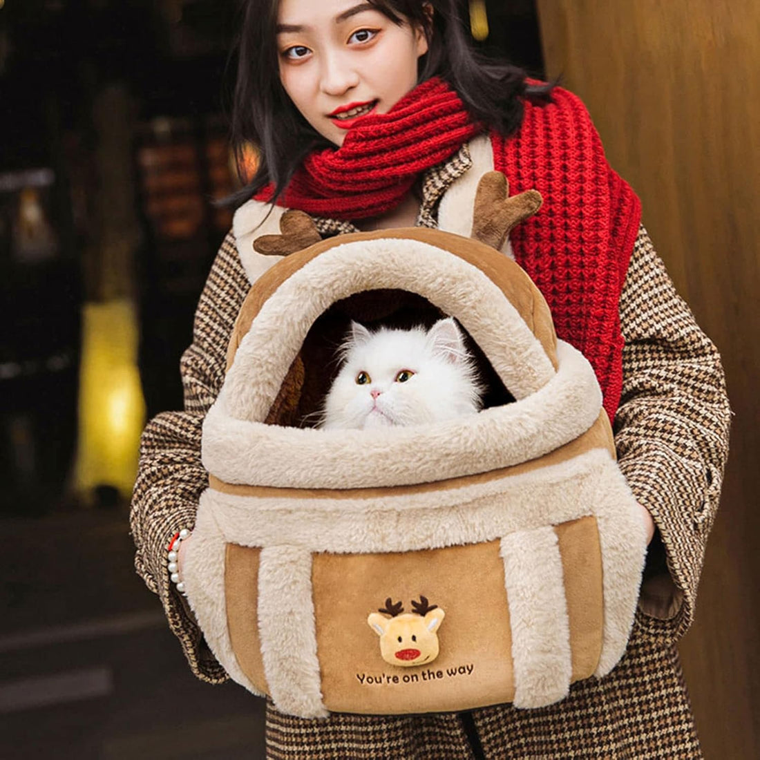 Pet Carrier Backpack Winter Travel Plush Reindeer Bag With Warmers
