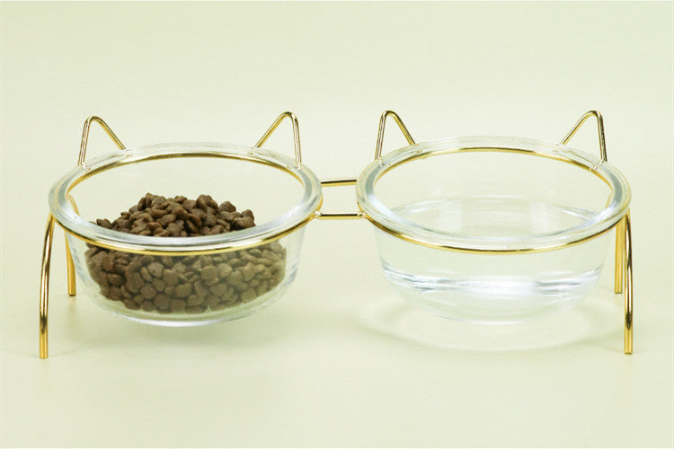 Pet Glass Feeding Bowl With Metal Stand Food Water Dish