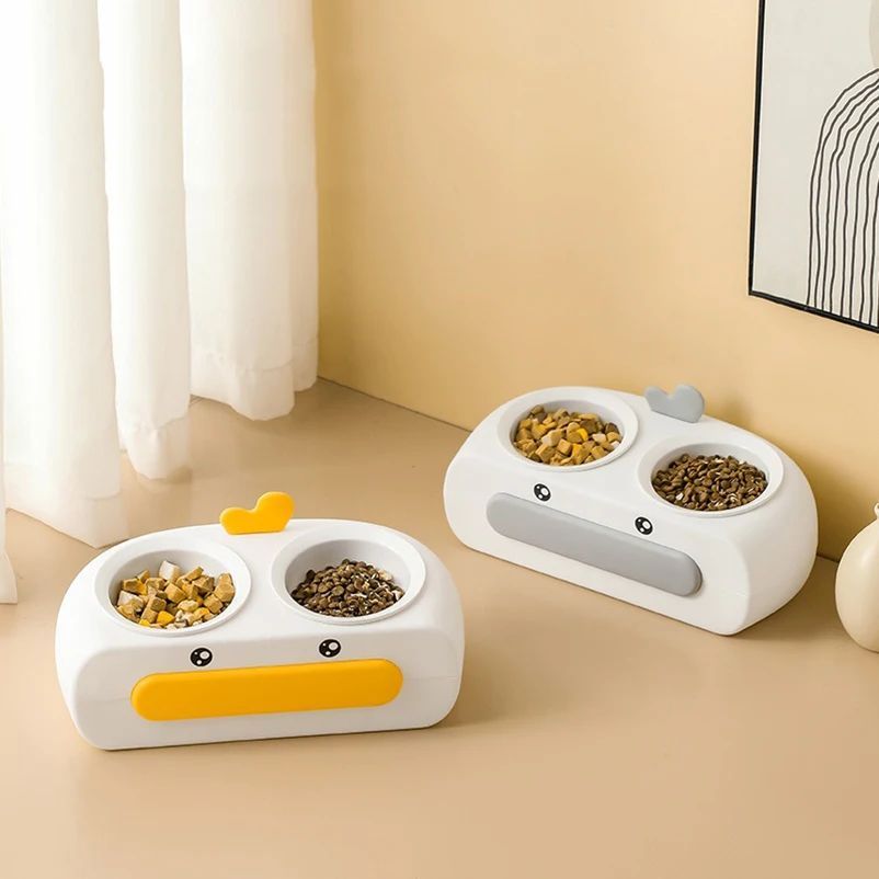 Pet Duck Design Double Bowl Feeding Tray Plastic Feeder