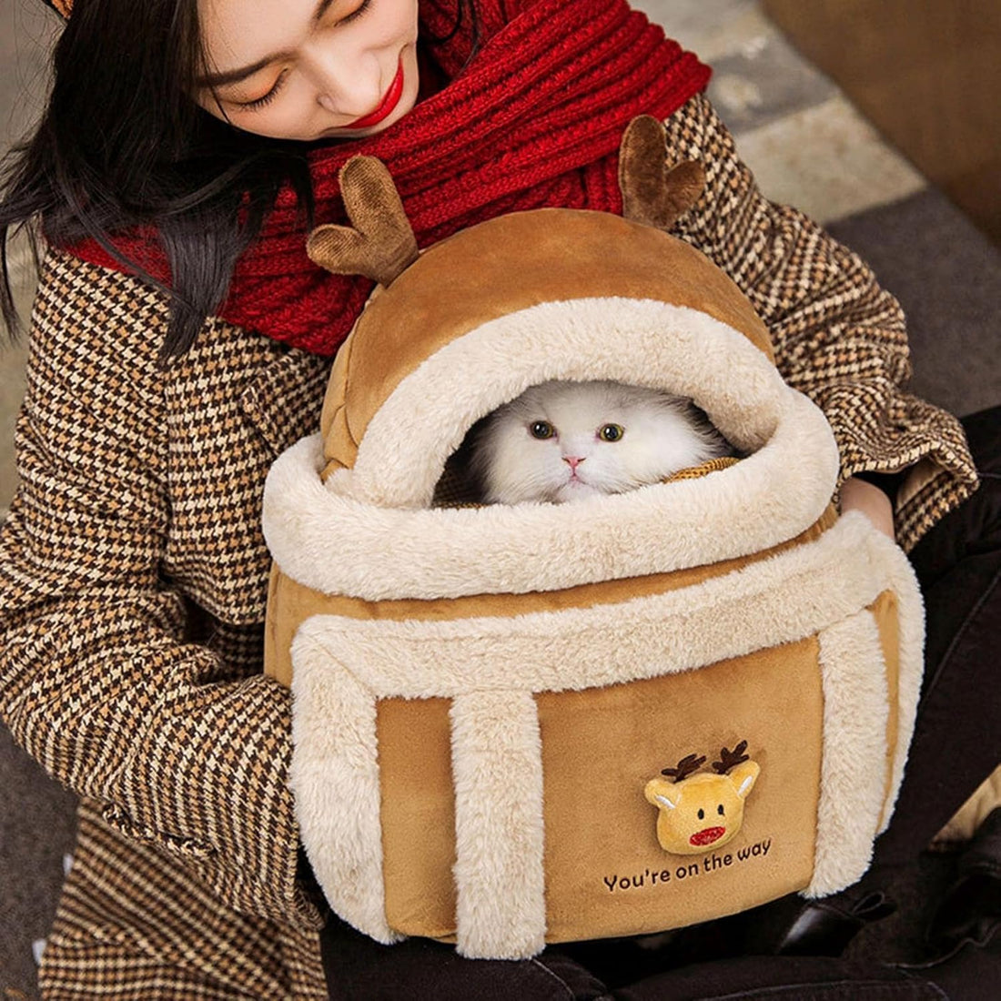 Pet Carrier Backpack Winter Travel Plush Reindeer Bag With Warmers