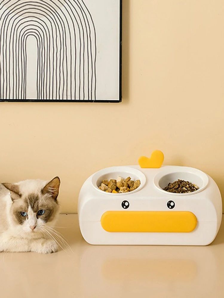 Pet Duck Design Double Bowl Feeding Tray Plastic Feeder