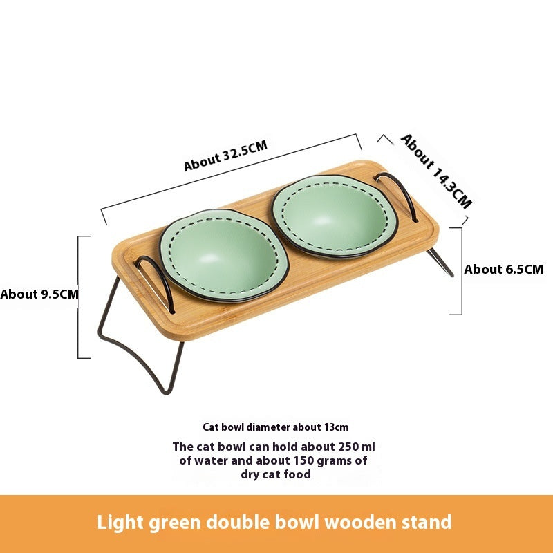 Pet Wooden Stand Ceramic Anti Tumble Feeding Bowl
