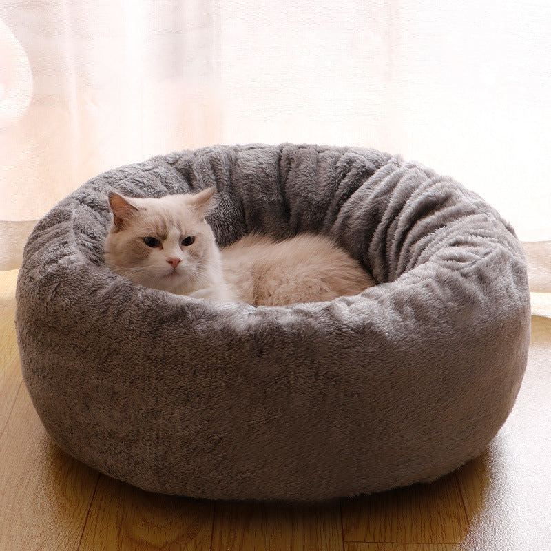 Long Plush Donut Round Pet Bed Warm Fluffy Cushion Mat
