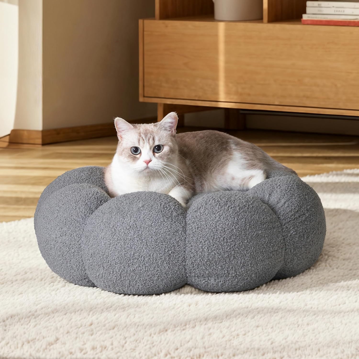 Fluffy Flower Round Calming Plush Pet Bed Donut Cuddler