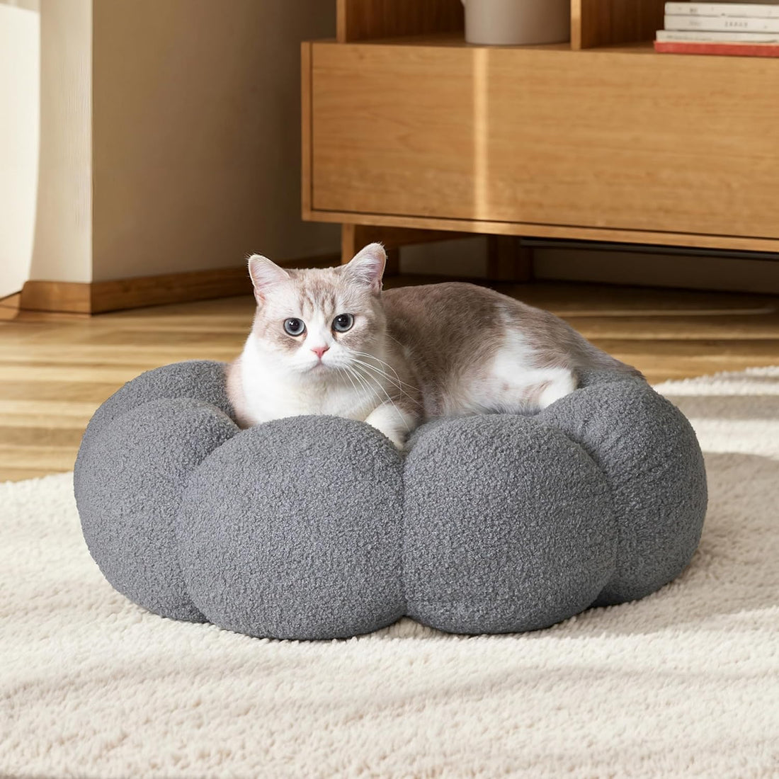 Fluffy Flower Round Calming Plush Pet Bed Donut Cuddler